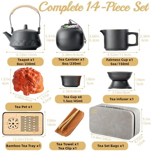 ICHAG Gongfu tea sets,Tea pet,Portable Ceramic TeaSet, Asian Tea sets for adult, Tea Gift sets, Grey leather case, Portable Travel Bag,Home,Gifting,Outdoor and Office - Image 3
