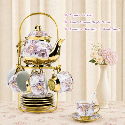20Pcs Porcelain Tea Set with Metal Holder and Spoon, Floral Adult Tea Sets with Teapot Cups Saucers, European Ceramic Tea Parties Set for Women （Large） (Purple) - Image 2