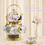 20Pcs Porcelain Tea Set with Metal Holder and Spoon, Floral Adult Tea Sets with Teapot Cups Saucers, European Ceramic Tea Parties Set for Women （Large） (Purple) - Image 2