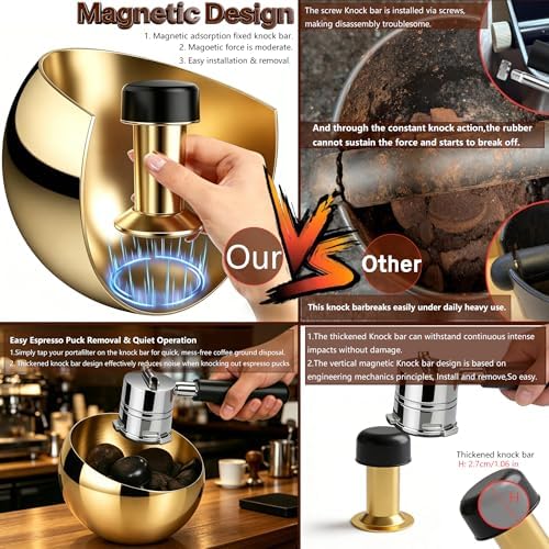 Upgraded 2L Espresso Knock Box with Glass Lid, Magnetic Knock Bar, Gold - Image 5