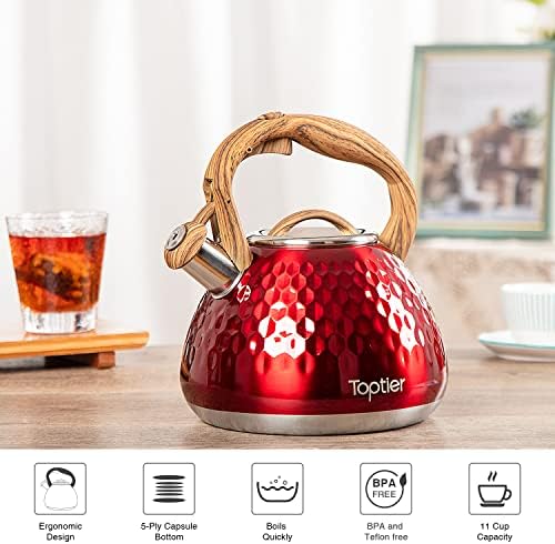 Tea Kettle, Toptier Teapot Whistling Kettle with Wood Pattern Handle Loud Whistle, Food Grade Stainless Steel Tea Pot for Stovetops Induction Diamond Design Water Kettle, 2.7-Quart Red - Image 5
