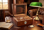Cigar Humidor Case, Holds 25-50 Cigars, Tempered Glass Top Display, Handcrafted Spanish Cedar Wood Desktop Cigar Box with Divider, Humidifier, Hygrometer, Burlwood Blond, - Image 2