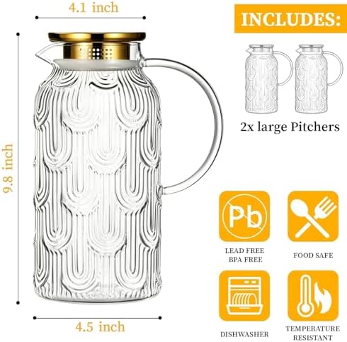 Buaic 2 PACK Glass Pitcher with Lid, 68 oz Vintage Water Carafe for Fridge - Image 2