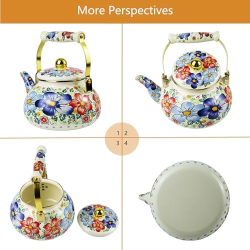 Floral Enamel Tea Kettle Blue Vintage Teapot Stovetop for Stove Boho Bohemain Hot Water Coffee Kettle Pot 2.5L Tea Pot with Ceramic Handle Kitchen Home Decor - Image 5