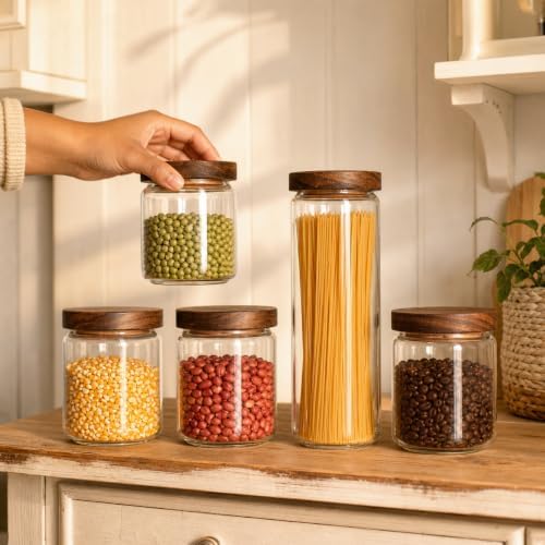 5 Piece Kitchen Canister Set, Airtight Lid Food Storage Jars for Coffee Beans, Flour, Sugar, Rice, Spaghetti - Image 7