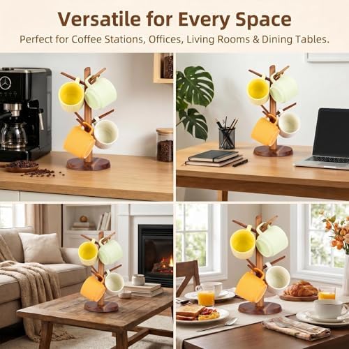 Acacia Wood Coffee Mug Tree Holder Countertop with 6 Hooks - Image 6