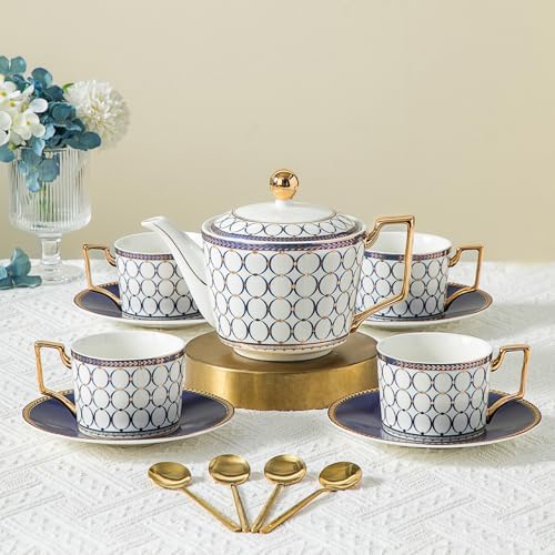 CwlwGO-Bone China Cups & Saucers Set 4, (7 oz) with Gold Spoon and Gifts Box, White Tea Cups Sets, Cappuccino Cups, Ceramic British Coffee Cup Set. - Image 5