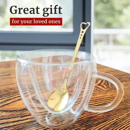 Heart Shaped Cup - Double Walled Insulated Glass Coffee Mug or Tea Cup - Double Wall Glass 8oz (240ml) - Clear - Unique & Insulated with Handle - With Teaspoon - Image 5