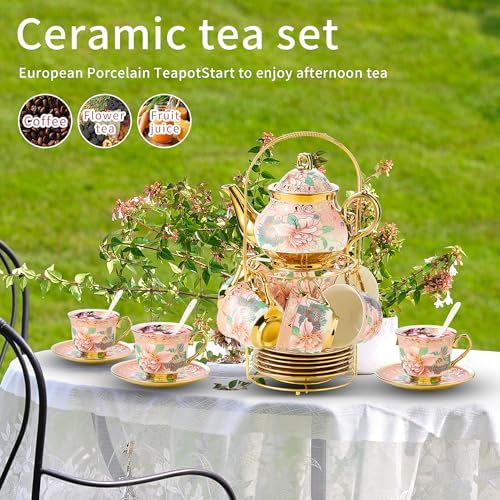 20 Pieces Porcelain Tea Set With Metal Holder, European Ceramic tea set for adults,Flower Tea Set,Tea Set For Women With Flower Painting (Large version, Pink) - Image 5