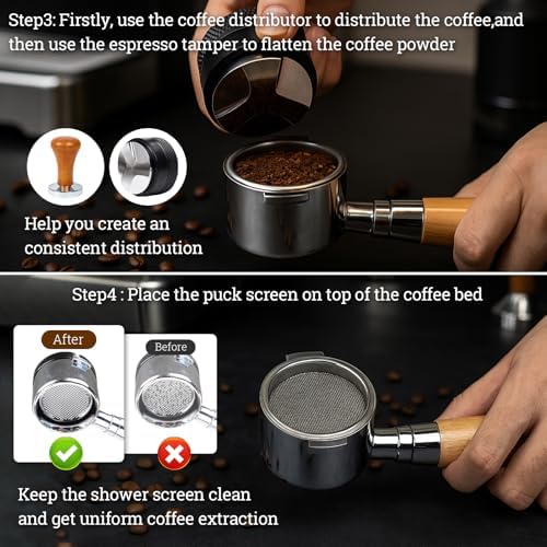28PCS Espresso Accessories Kit,51mm Espresso Tamper Tools,Includes Wood Station,Distributor,Stirrer,Dosing Funnel,Brush,Puck Screen,Frothing Pitcher,Latte Pen,Powder Ring,Towel,Decorative Stencils - Image 4