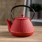 Urban Tokyo 32 fl oz Cast Iron Teapot Japanese Style Red Tetsubin Tea Kettle with Chevron Pattern, Stainless Steel Infuser, Stovetop Safe, Red with Gold Accents, Excellent Heat Retention - Image 2