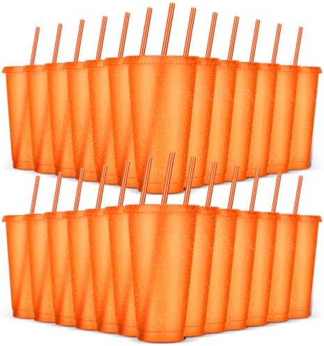 24 Pack Plastic Tumblers with Lids and Straws, Reusable Colorful Cups for Parties, Birthdays, Iced Coffee, Travel, Cold Drink Bulk Tumblers (24 oz, Orange) by LEIFEOSH