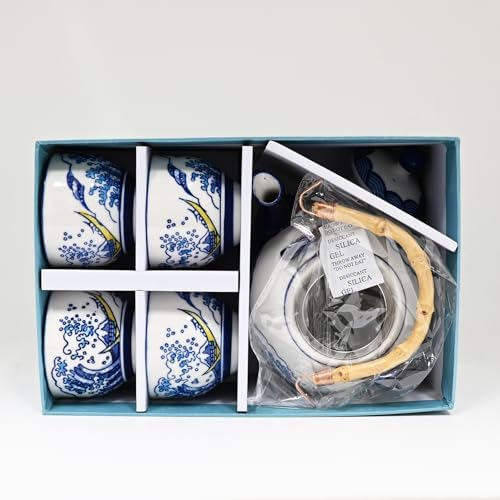 Urban Tokyo Hokusai Inspired Great Wave Porcelain Tea Set with Bamboo Handle, 30 oz Teapot with 4 Cups, Blue and White, Gift Box - Image 2