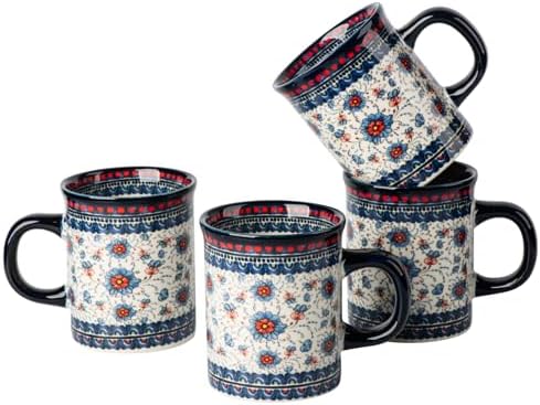 Ceramic Latte Mug Set of 4, 15.5oz Hand Painted Porcelain Coffee Cups With Handle for Tea/Milk/Cocoa - Modern Retro Design For Any Kitchen. Microwave and Dishwash Safe (Blue plasma grass) by ONECCI
