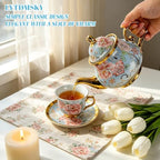 20-Piece Porcelain Tea Sets for Adults, Includes Tea Cups and Saucers, Teapot, Spoons & Metal Rack, Elegant Ceramic Tea Set for Women, Wedding & Home Decor (Blue and Pink) - Image 2