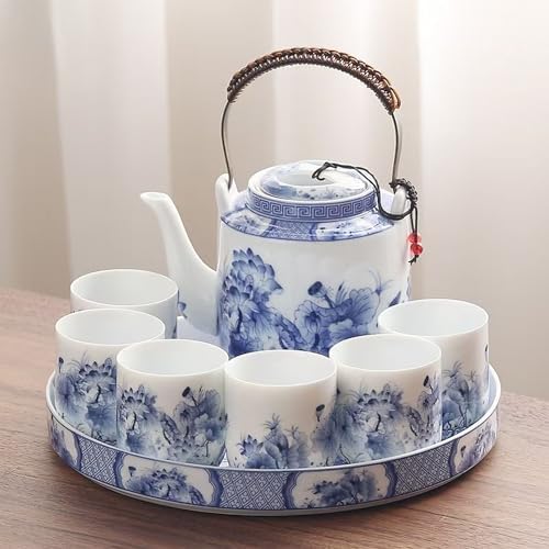 Enamel Ceramic Tea Set, Large-capacity Portable Teapot, Blue and White Porcelain Thin-walled Teacups with Tray, Perfect for Father's Day, Mother's Day, Birthdays, and Christmas by ScizoritoDirect