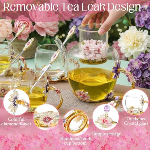Maxdot 5 Pcs Floral Glass Tea Set, 51 oz Daisy Teapot with Infuser - Image 5