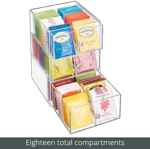 mDesign Plastic Wide Kitchen Pantry, Cabinet, Countertop Organizer Storage Station with 3 Drawers for Coffee, Tea, Sugar Packets, Sweeteners, Creamers, Drink Pods, Packets; 18 Sections - Clear - Image 6