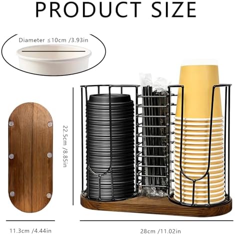 Coffee Cup Holder,18oz Cup and Lid Organizer, Cup Dispenser Rack with Wood Base, Suitable for Countertop Use, Kitchen, Coffee Bar，Storing Paper Cups, Straws, Lids, Tea Bags(3-Compartment) - Image 2