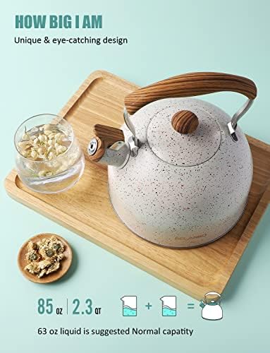 Tea Kettle, BELANKO 85 OZ / 2.5 Liter Whistling Tea Kettle, Tea Pots for Stove Top Food Grade Stainless Steel with Wood Pattern Folding Handle, Loud Whistle Kettle for Tea, Coffee, Milk - Cream White - Image 3