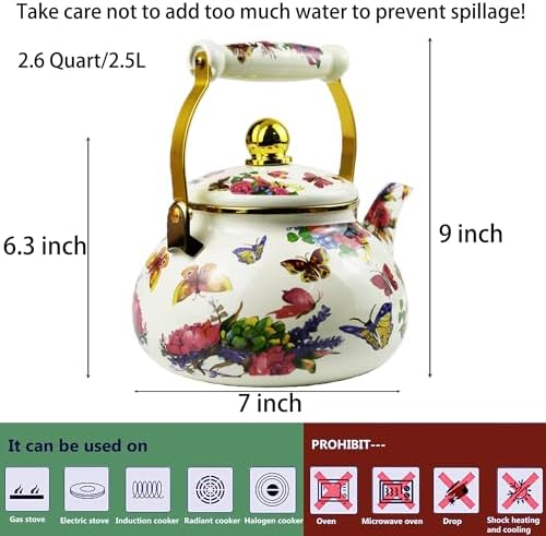 Enamel Tea Kettle 2.6 Quart, Vintage Butterfly Floral Stovetop Teapot - Image 2