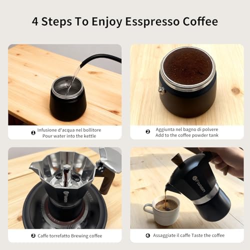 Stovetop Espresso Moka Pot Coffee Maker, Non-slip Wood Grain Handle, Cast Aluminum, Compatible with Gas, and Electric Stoves (Black, 9 cups) - Image 5