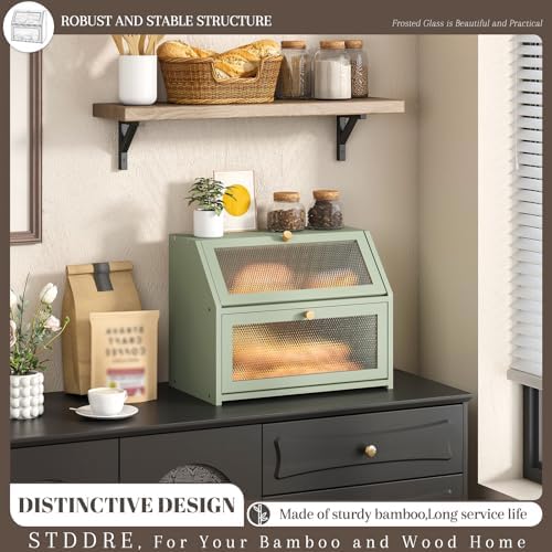 STDDRE Bread Box for Kitchen Countertop Bin Double Layer Bread Box Storage Container Extra Large Capacity Farmhouse with Diamond Pattern Windows (Green, Large) - Image 3