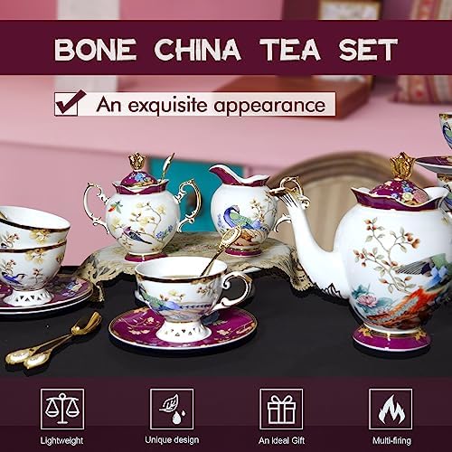 ACMLIFE Bone China Tea Set for Adults with Teapot, Porcelain Tea Party Sets 21-Piece Vintage Floral Fine Bone China Tea Set for 6, 24K Gold English Tea Sets for Women Tea Party for Gifts - Image 4