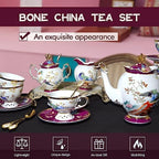 ACMLIFE Bone China Tea Set for Adults with Teapot, Porcelain Tea Party Sets 21-Piece Vintage Floral Fine Bone China Tea Set for 6, 24K Gold English Tea Sets for Women Tea Party for Gifts - Image 4