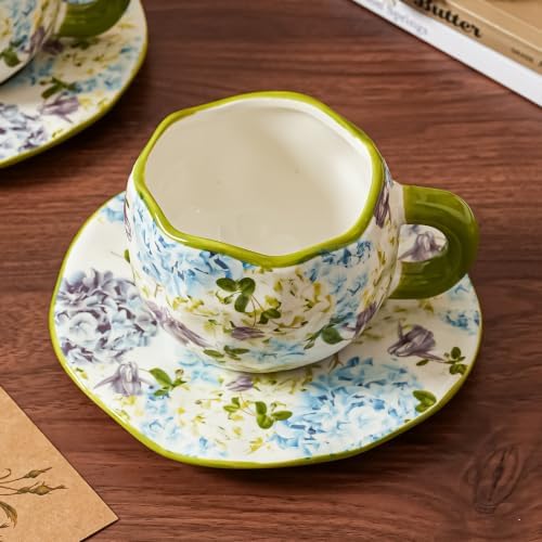 Ceramic Cup with Saucer，floral tea cup for Coffee,Cappuccino and Tea (2, Green) - Image 4
