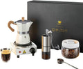 7-in-1 Moka Pot Espresso Set, Stovetop Coffee Maker with Hand Grinder Electric Stove Spoon Sealing Canister Italian Moka Pot Espresso Maker for Holiday Gifts Travel Family Gatherings (White) by CJC