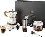 7-in-1 Moka Pot Espresso Set, Stovetop Coffee Maker with Hand Grinder Electric Stove Spoon Sealing Canister Italian Moka Pot Espresso Maker for Holiday Gifts Travel Family Gatherings (White) by CJC