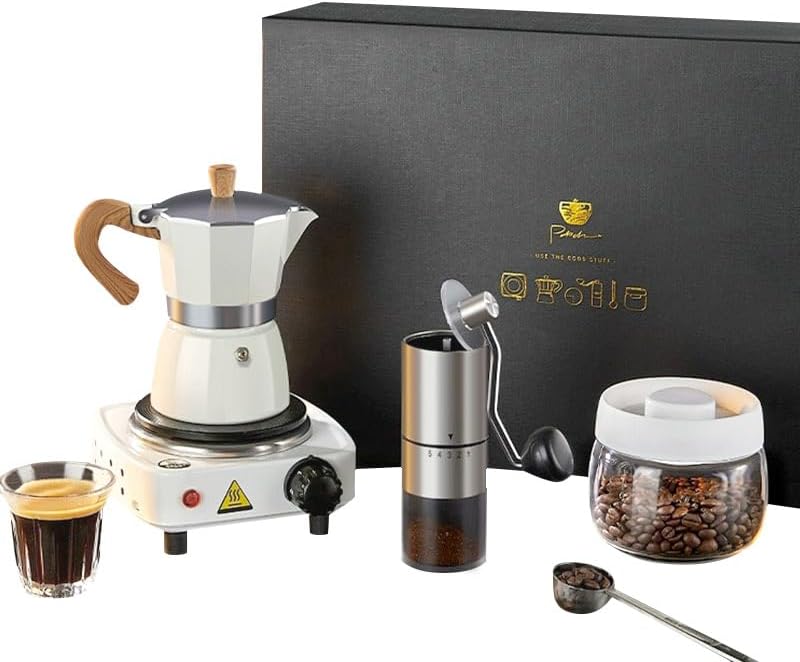 7-in-1 Moka Pot Espresso Set, Stovetop Coffee Maker with Hand Grinder Electric Stove Spoon Sealing Canister Italian Moka Pot Espresso Maker for Holiday Gifts Travel Family Gatherings (White) by CJC