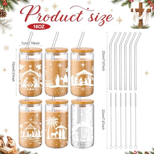 Fulmoon 6 Pcs 16 oz Nativity Scene Christmas Glass Cups with Lid and Straw - Image 3