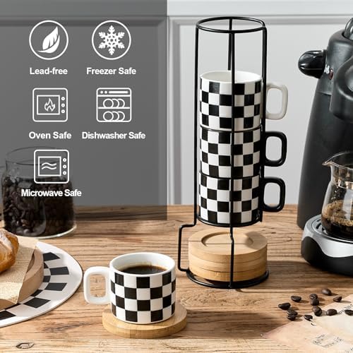 LUKA Ceramic Stackable Black and White Checkered Espresso Cups with Saucers and Metal Stand, 4 Ounce Small Demitasse Cups Set for Coffee Drinks, Latte, Tea - Set of 4 - Image 4