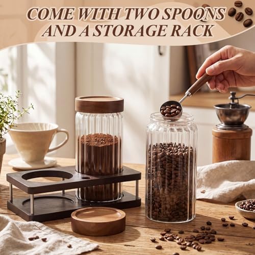Suclain Glass Coffee Grounds Container with Shelf 2 x 44 oz Glass Coffee Bean Storage Canisters with Airtight Thread Lid and Measuring Spoon for Kitchen Sugar(Striped Style, Wood) - Image 6