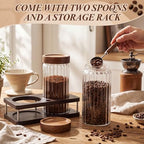 Suclain Glass Coffee Grounds Container with Shelf 2 x 44 oz Glass Coffee Bean Storage Canisters with Airtight Thread Lid and Measuring Spoon for Kitchen Sugar(Striped Style, Wood) - Image 6