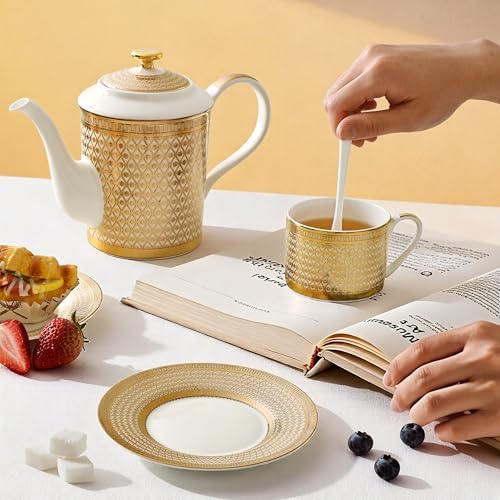 Luxury White & Gold Embossed Tea Cups and Saucers with Teapot, Sugar Bowl, & &Creamer, Vintage European Porcelain Coffee Set for Tea Party, Wedding, Gift (Gold, 17pcs/set) - Image 2