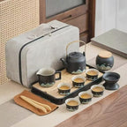 Chinese Gongfu Tea Set tea kit, Tea Gift sets,15-Piece Ceramic Tea Service with Teapot, 6 Cups, Storage Jar, Tea Tray, Black and Teal Mountain Design with Gray Travel Case by simeiton