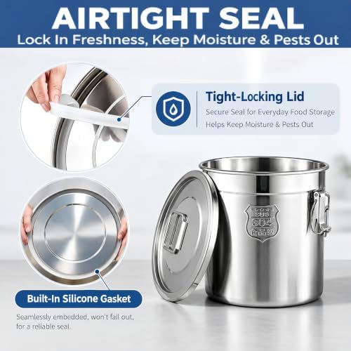 33L 304 Stainless Steel Food Storage Containers with Lids, Airtight Kitchen Canister with Lock Clips for Rice, Flour, Sugar & Coffee Bean,Size 13.78" x 13.78" - Image 2