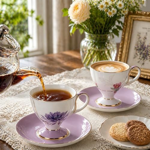 KAMMAK Tea Cups Set of 2,Ceramic Floral Pattern Demitasse Cup - Image 7