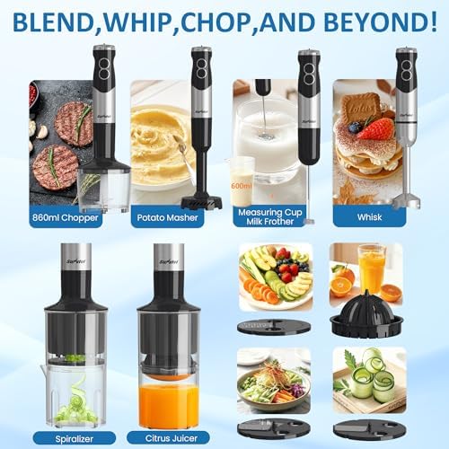 6 in 1 Professional Immersion Blender, Heavy Duty Hand Blender with 12-Speed & 10 Attachments, 20OZ Food Chopper, Whisk, Potato Masher, Juicer, Milk Frother Electric Handheld Mixer - Image 2