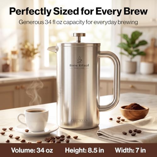 EDELHAUS Stainless Steel French Press Coffee Maker - Plastic-Free, 34 oz - Image 2