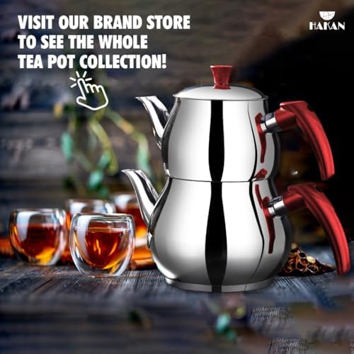 Hakan Stainless Steel 2.8 L, 93 Oz, Midi Double Bondy Tea Pot Set with Self Strainer Double Lids, Turkish Samovar Style Teapot Set, Tea Kettle for Loose Leaf Tea with Red Bakelite Handle 2.9-Quart - Image 7