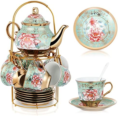 Zhehao 20 Pcs Porcelain Tea Set for Adult, with Metal Holder, Fresh by Zhehao