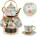 Zhehao 20 Pcs Porcelain Tea Set for Adult, with Metal Holder, Fresh by Zhehao