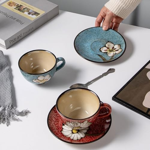 Cappuccino Cups with Saucers Set of 4 – 8oz Ceramic Coffee Cups, Latte Espresso Mugs with Floral Design, Colorful Coffee Cup Set for Cappuccino, Latte, Mocha (4 colors) - Image 6