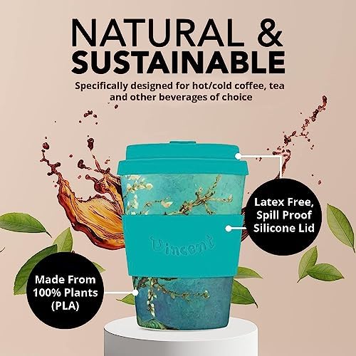 Ecoffee Cup 12oz (350ml) Van Gogh Reusable Coffee Cup – PLA Plant-Based Travel Mug with Silicone Lid, Melamine Free & Dishwasher Safe – Almond Blossom - Image 4