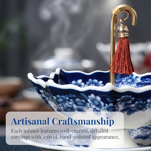 Tea Umbrella Infuser, Ceramic Tea Strainer Umbrella Shape, Blue White Porcelain Loose Leaf Tea Filter with Base, Oriental Kung Fu Tea Diffuser for Brewing (Peony Set, 2PCS) - Image 3