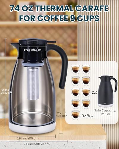 GiNT 74oz Thermal Coffee Carafe with Infuser – Insulated Tea Carafe, Removable Filter, Dishwasher-Safe | 2.2L 10+ Cups, Leak-Proof Seal & Pinch-Release | Stainless Steel for Office & Events - Image 5